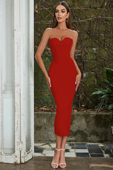 Seksi Askısız Bandaj Midi Elbise