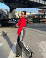 Düşük Bel Bol Yan Çizgili Fiyonklu Geniş Paça Kot Pantolon