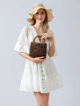 El Dokuma Ahşap Boncuklu Kare Çanta