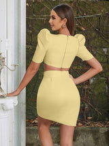 Kare Yaka Puff Kol Kısa Etek Takımı