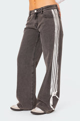 Düşük Bel Bol Yan Çizgili Fiyonklu Geniş Paça Kot Pantolon