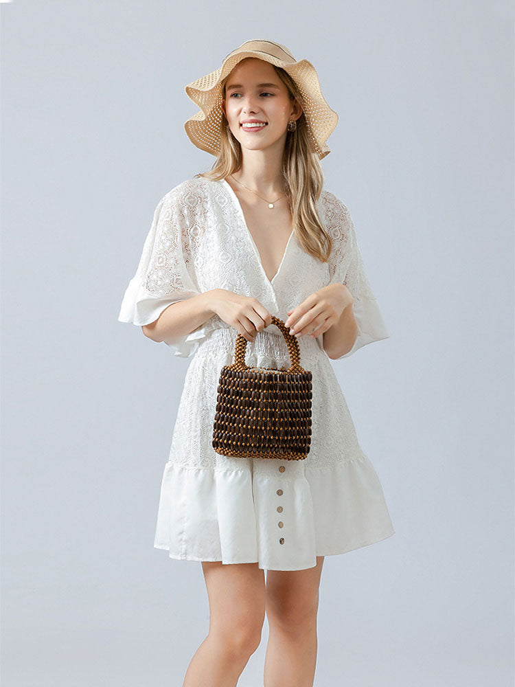 El Dokuma Ahşap Boncuklu Kare Çanta