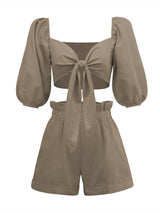 Keten Anvelop Önden Bağlamalı Puf Kol Şort Takım