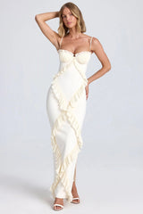 Pliseli Fırfırlı Slip Slit Maxi Elbise