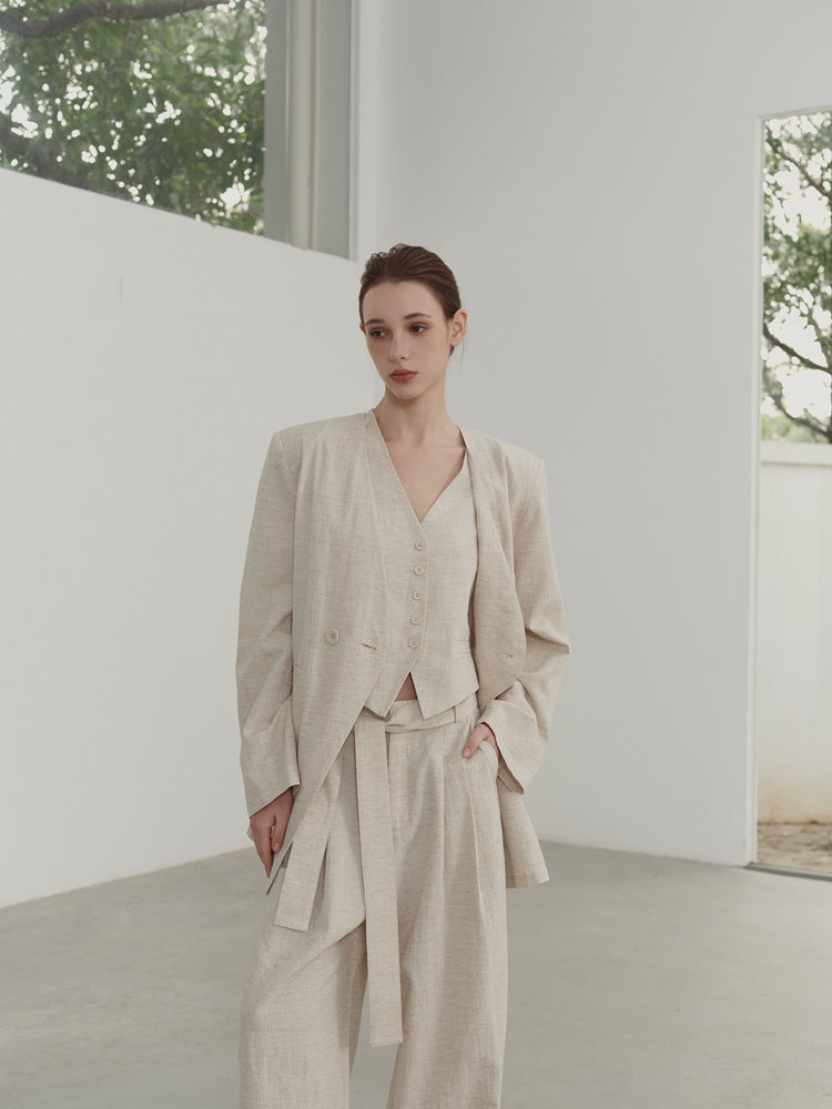 Pamuk Keten V Yaka Kolsuz Yelek