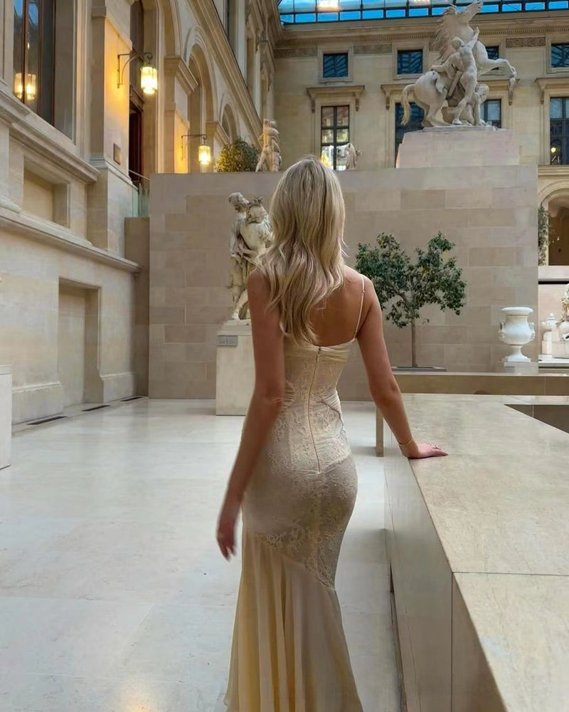 Şifon Dantelli Dekolteli Elbise