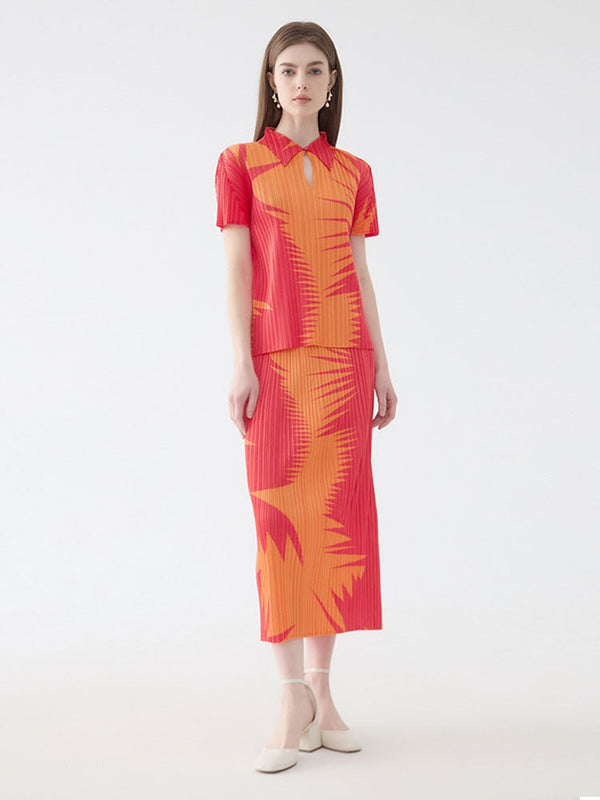 Pileli Yaka Üst İki Parçalı Set Etek