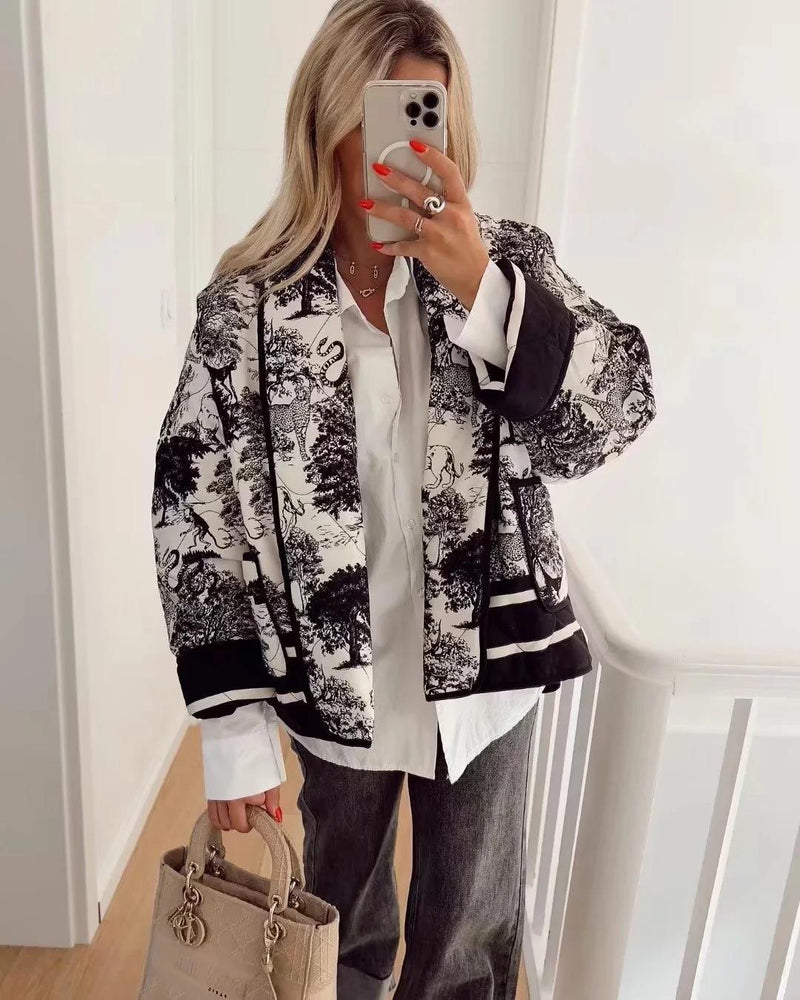 Vintage Mürekkep Boyama Baskı Kapitone Oversize Ceket