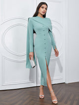 Asimetrik Uzun Kollu Kemerli Elbise