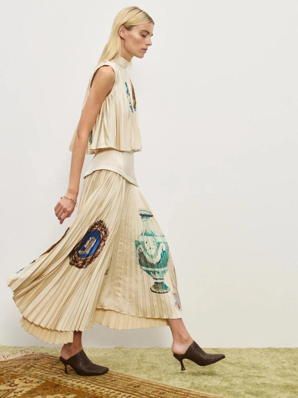 Artistic Prints Pleated Sleeveless Midi Skirt Set