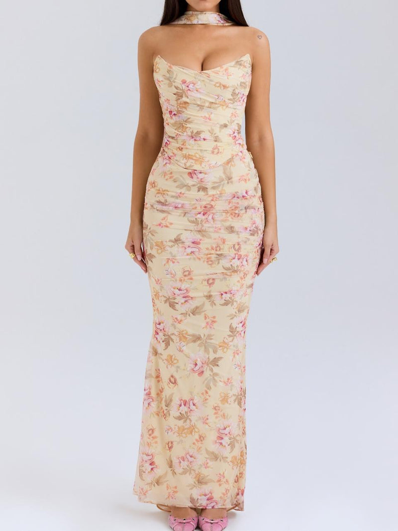 Çiçekli Straplez Korsaj ve Kravatlı Yüksek Bel Etek