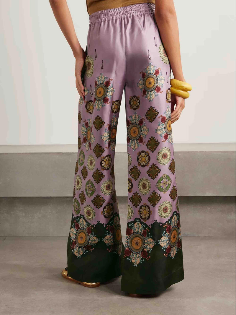 Retro Fine Satin Floral Print Wide Leg Pants Set