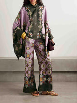 Retro Fine Satin Floral Print Wide Leg Pants Set