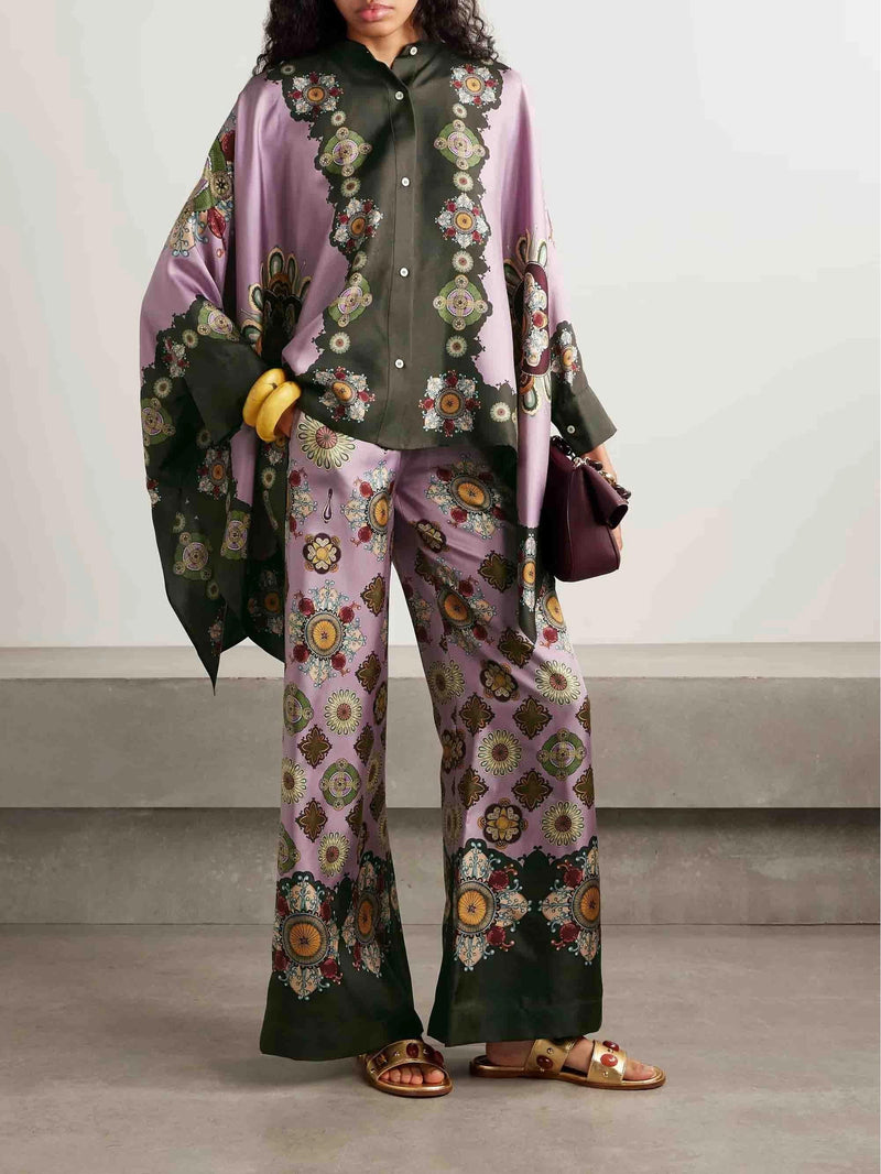 Retro Fine Satin Floral Print Wide Leg Pants Set