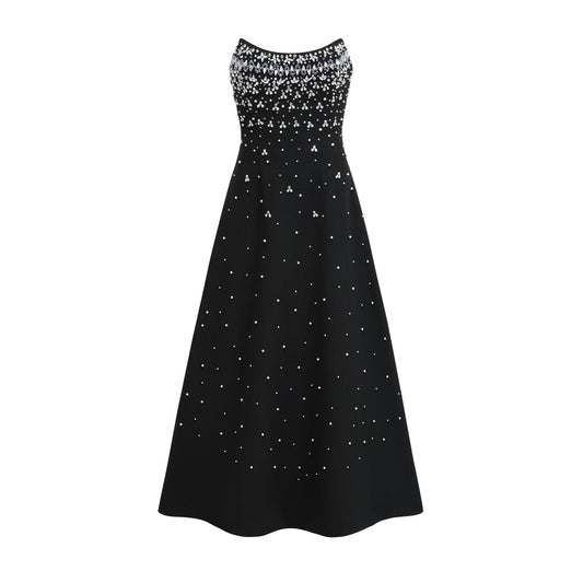 Elegant Siyah İşlemeli Maxi Elbise