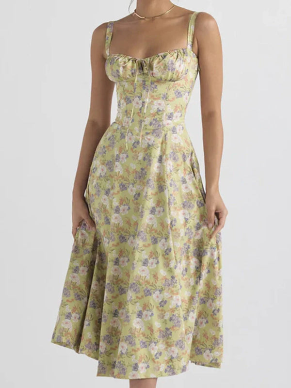 Sırtı Açık Çiçekli Midi Elbise