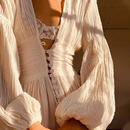 Zarif Vintage Düğmeli Maxi Elbise