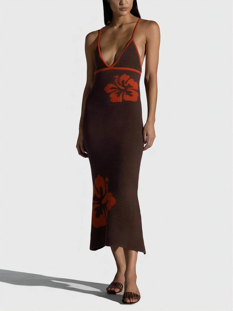 Örme Askılı Boyundan Bağlı V Yaka Sırtı Açık Seksi Midi Elbise