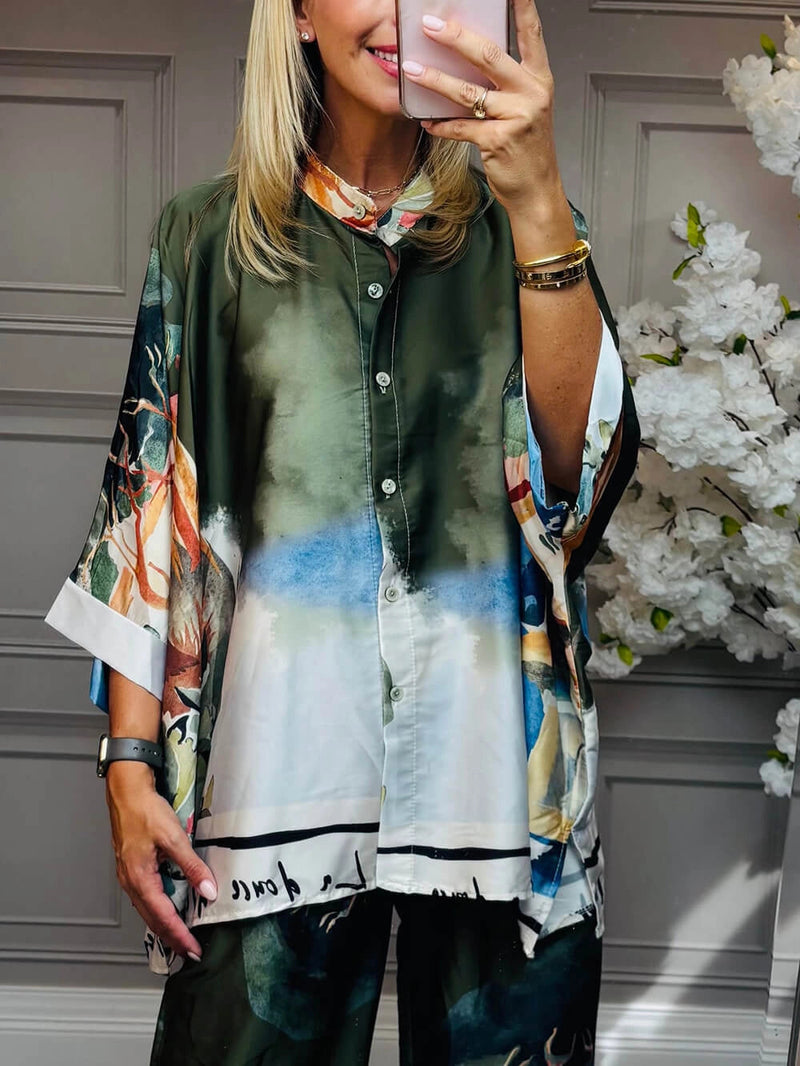 Unique Satin Roman Print Wide Leg Pants Set