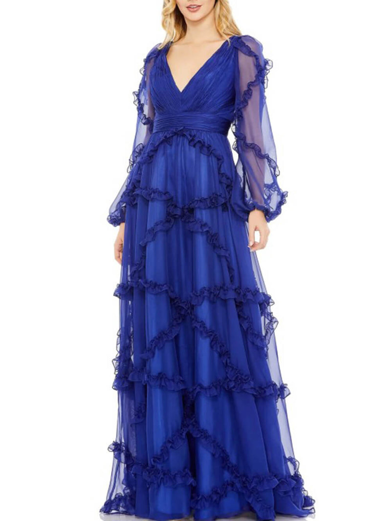 Katlı Fırfırlı Puf Kol A Kesim Maxi Elbise