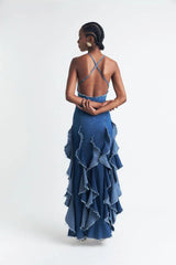 Bohemian Style Ruffled Denim Maxi Dress