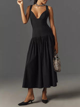 Kolsuz Keten Düşük Bel Midi Elbise