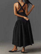 Kolsuz Keten Düşük Bel Midi Elbise