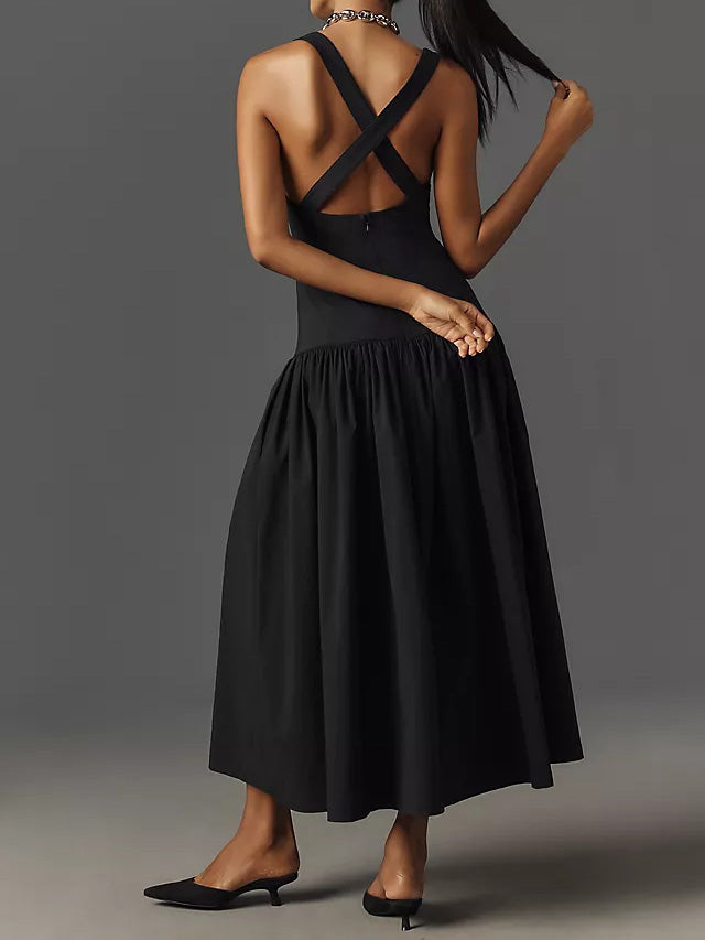 Kolsuz Keten Düşük Bel Midi Elbise