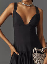 Kolsuz Keten Düşük Bel Midi Elbise