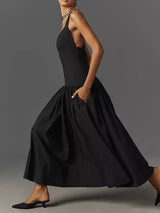 Kolsuz Keten Düşük Bel Midi Elbise