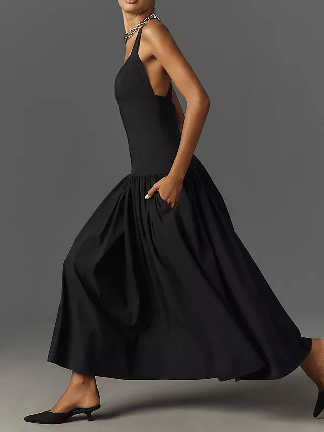 Kolsuz Keten Düşük Bel Midi Elbise