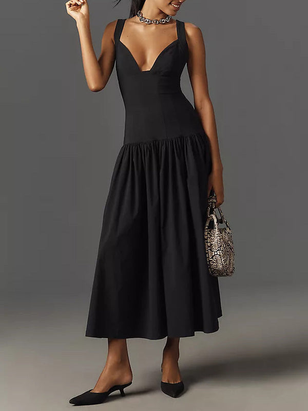 Kolsuz Keten Düşük Bel Midi Elbise