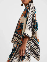 İnce Saten Çiçek Desenli Batwing Kol Pantolon Takım - Turuncu