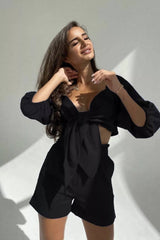 Keten Anvelop Önden Bağlamalı Puf Kol Şort Takım