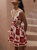 Çiçekli Dekoratif Benzersiz Baskı V Yaka İçi Boş A-Line Mini Elbise