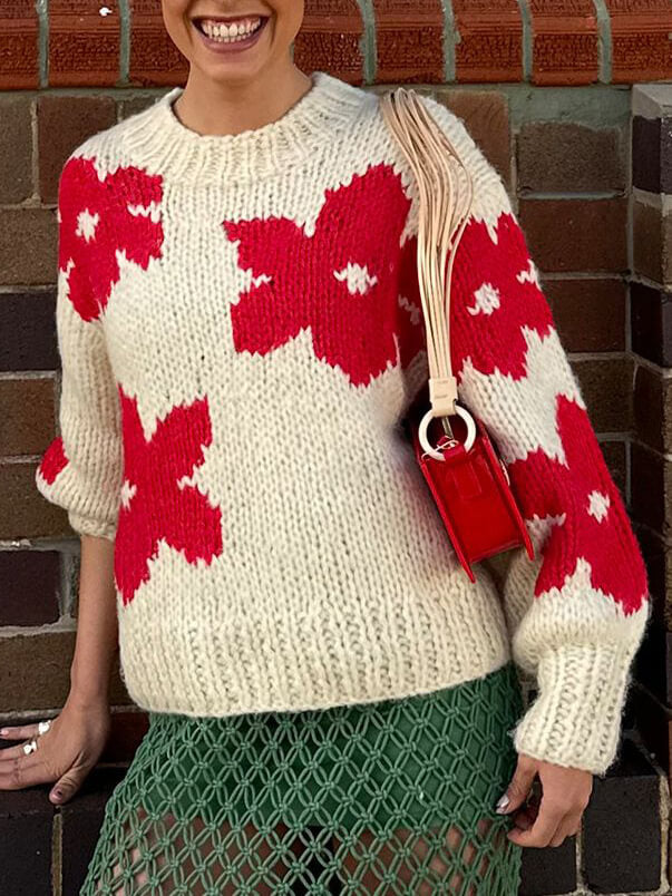 All-Match Yuvarlak Yaka Çiçekli Kazak