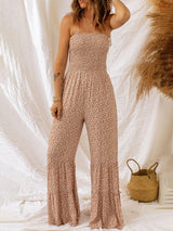 Çiçekli Spagetti Askılı Büzgülü Geniş Paça Tulum