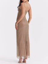 Cafe Au Lait Boncuklu Uzun Elbise