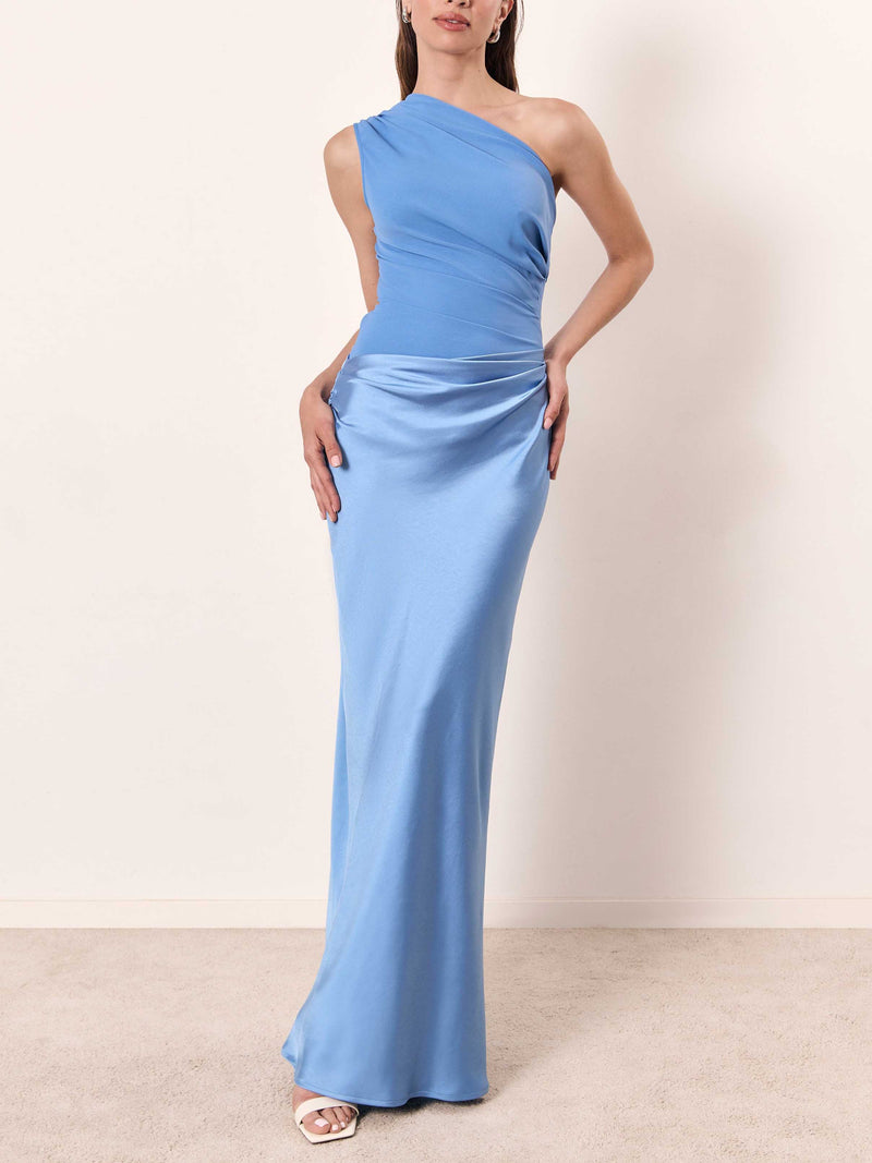 Elegant One Shoulder Neck Pleated Party Maxi Dress