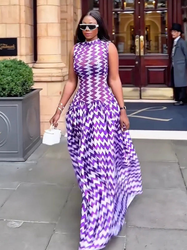 Purple Zigzag Print Maxi Dress
