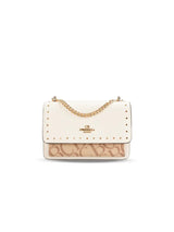 Studded Letter Print Chain Top Handle Bag