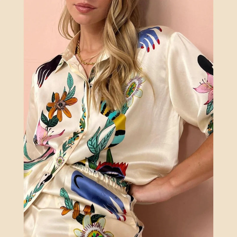 Boho Natureza Baskılı Saten Gömlek ve Pantolon Takım