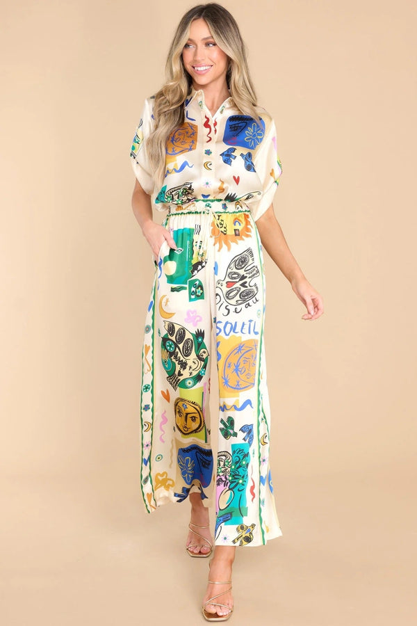 Büyük Beden Fildişi Desenli Gömlek Pantolon Takım