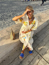 Benzersiz Tatil Halk Çiçek Baskı Puf Kol Midi Elbise