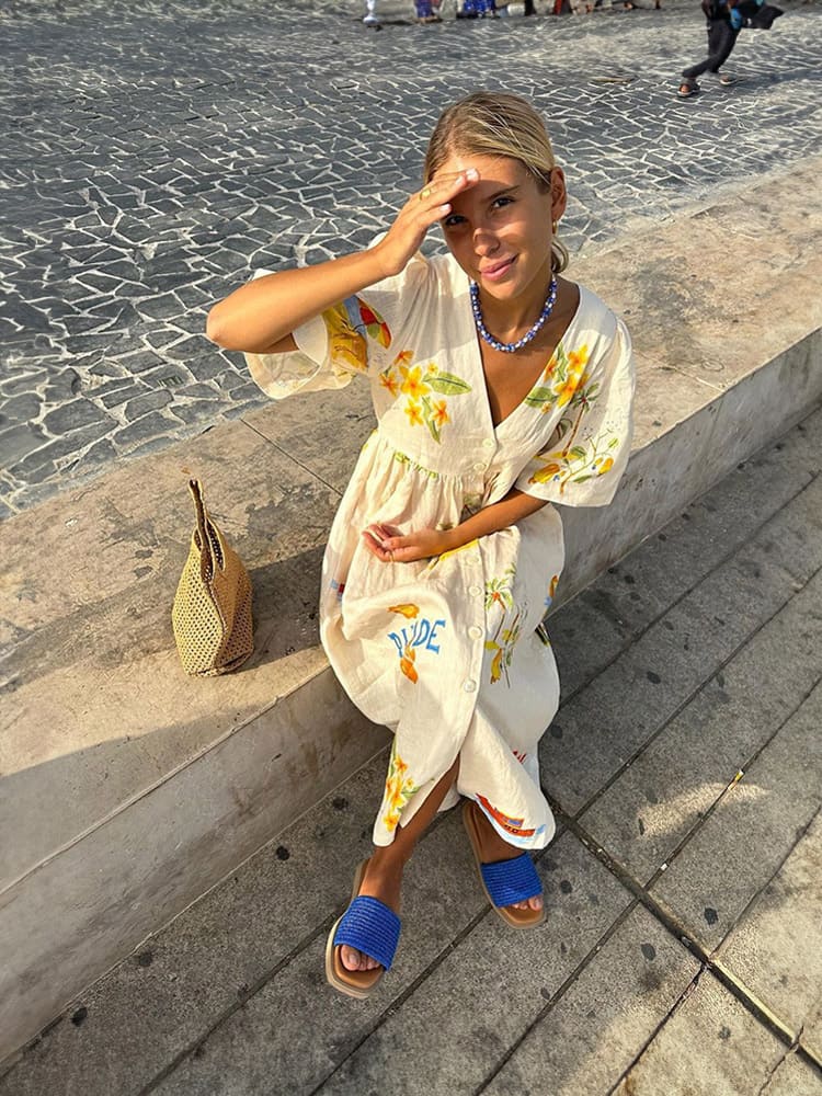 Benzersiz Tatil Halk Çiçek Baskı Puf Kol Midi Elbise