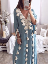 V Yaka Püsküllü Panel Elbise