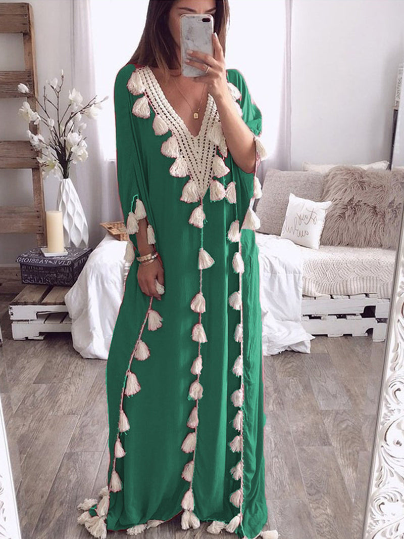 V Yaka Püsküllü Panel Elbise