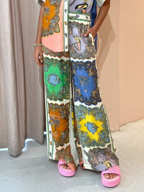 Paisley Saten Çiçekli Geniş Paça Pantolon