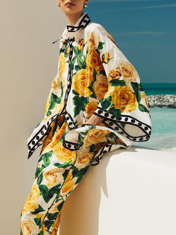 Zarif Gül Baskılı Yaka Bol Gömlek