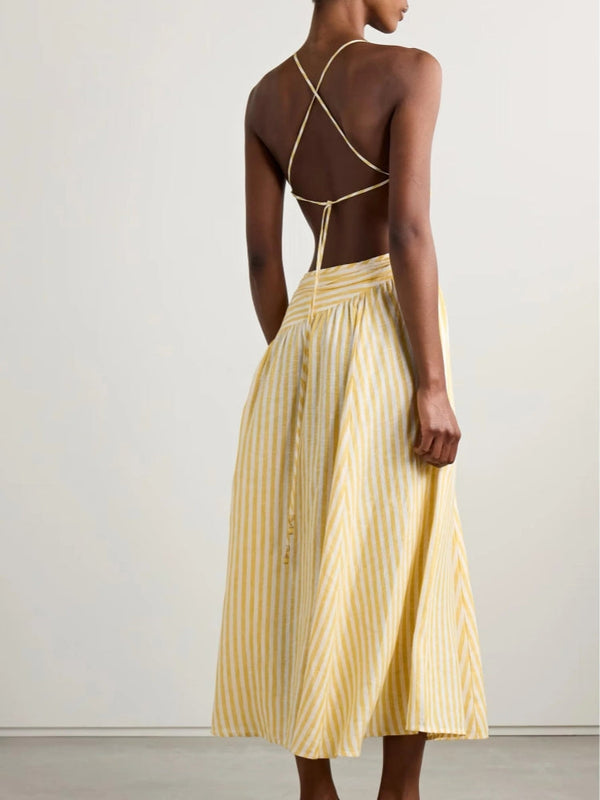 Cascadian Cutout Ruched Striped Midi Dress